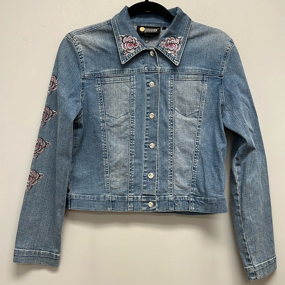 Christine Alexander Embellished Floral Cropped Denim Jacket Small